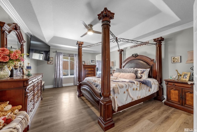953 Julia Ln, Fernley, NV 89408 - bedroom featuring a tray ceiling, crown molding, baseboards, and light wood-style floors