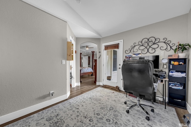 953 Julia Ln, Fernley, NV 89408 - office area with lofted ceiling, baseboards, and wood finished floors