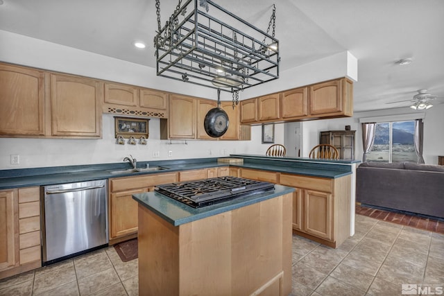 6100 Sage Flat Rd, Reno, NV 89510 - kitchen with dishwasher, black gas cooktop, a sink, dark countertops, and a kitchen island