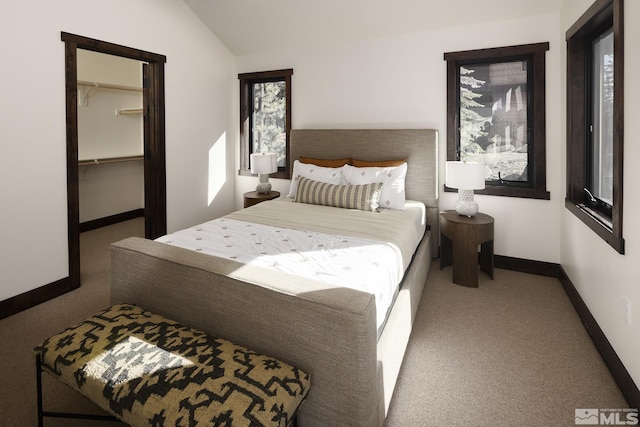 bedroom with carpet floors, baseboards, a spacious closet, and vaulted ceiling