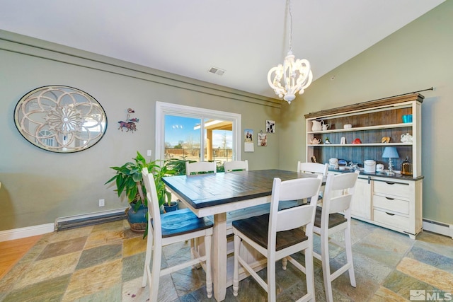 1253 Briggs Ln, Fallon, NV 89406 - dining space featuring a baseboard radiator, a chandelier, lofted ceiling, and baseboards