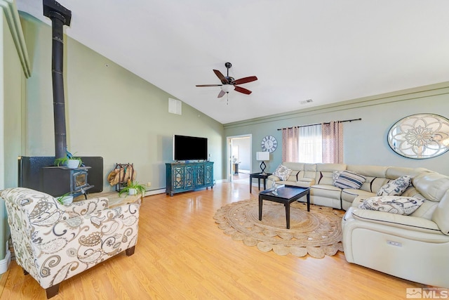 1253 Briggs Ln, Fallon, NV 89406 - living area with ceiling fan, wood finished floors, a wood stove, high vaulted ceiling, and a baseboard heating unit
