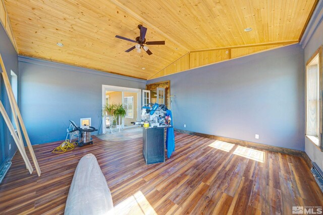 1253 Briggs Ln, Fallon, NV 89406 - interior space with wooden ceiling, lofted ceiling, ceiling fan, wood finished floors, and baseboards