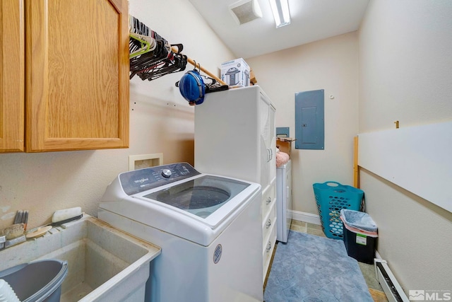 1253 Briggs Ln, Fallon, NV 89406 - laundry room with electric panel, cabinet space, washing machine and dryer, and a baseboard radiator