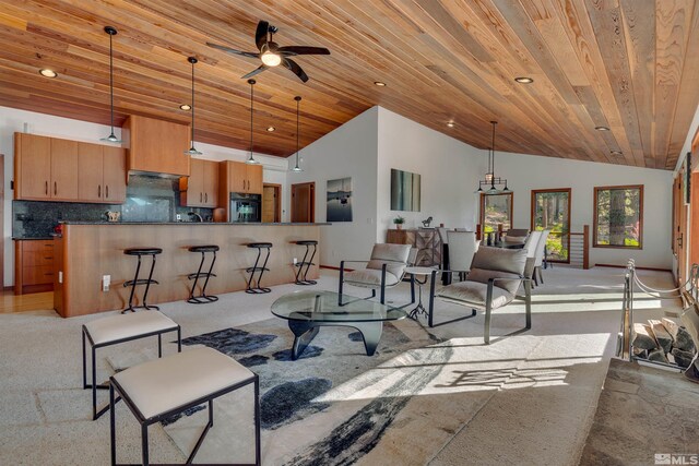 572 Rockrose Ct, Incline Village, NV 89451 - living area featuring vaulted ceiling, a ceiling fan, wood ceiling, and recessed lighting