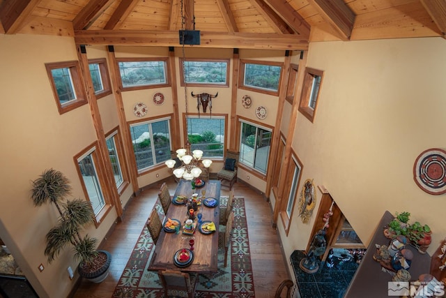 1101 Sierra Country Ct, Gardnerville, NV 89460 - living area with beamed ceiling, wooden ceiling, high vaulted ceiling, plenty of natural light, and wood-type flooring