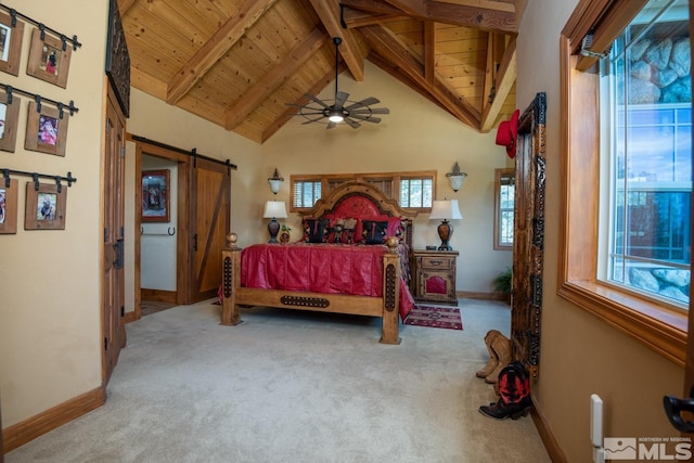 1101 Sierra Country Ct, Gardnerville, NV 89460 - bedroom with a barn door, wood ceiling, carpet floors, baseboards, and beam ceiling