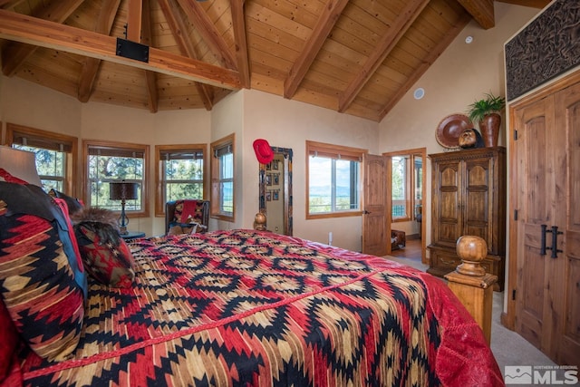 1101 Sierra Country Ct, Gardnerville, NV 89460 - bedroom featuring high vaulted ceiling, beamed ceiling, and wood ceiling