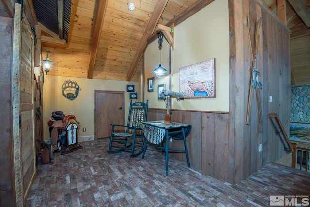 1101 Sierra Country Ct, Gardnerville, NV 89460 - home office featuring wood ceiling, wood walls, and brick flooring