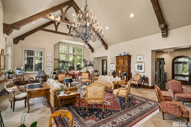 6025 Lake Geneva, Reno, NV 89511 - living room featuring high vaulted ceiling, beam ceiling, recessed lighting, a chandelier, and baseboards