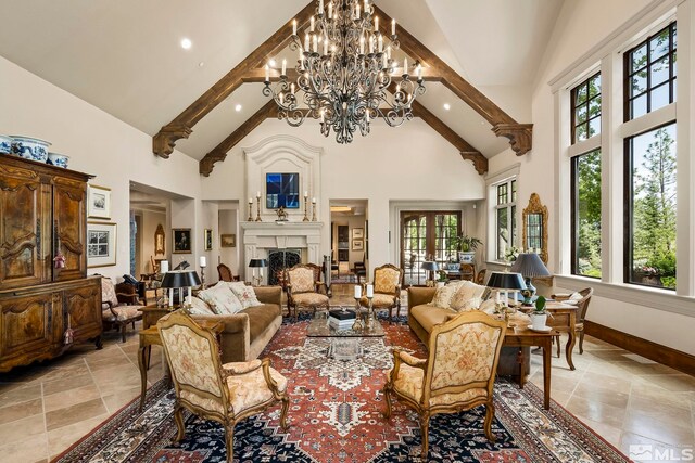 6025 Lake Geneva, Reno, NV 89511 - living area with high vaulted ceiling, a chandelier, beam ceiling, baseboards, and recessed lighting