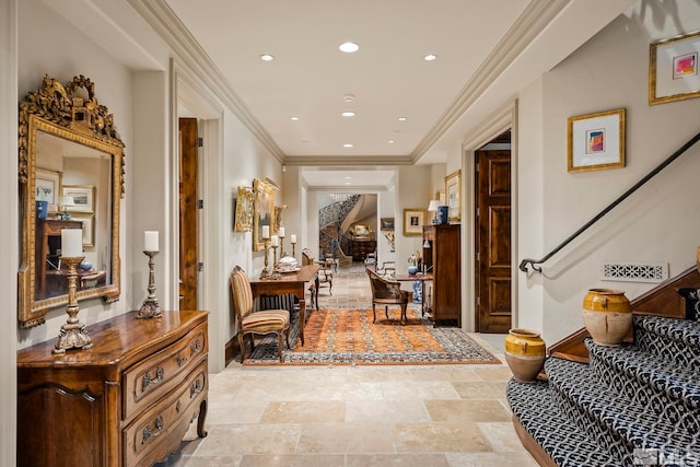6025 Lake Geneva, Reno, NV 89511 - hallway with stairs, recessed lighting, baseboards, ornamental molding, and light stone finish flooring