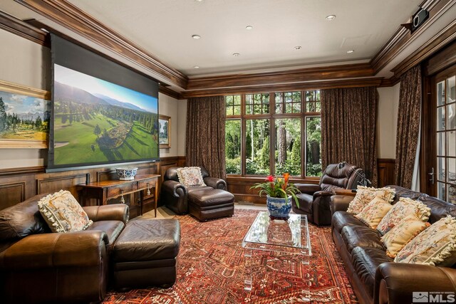 6025 Lake Geneva, Reno, NV 89511 - cinema with crown molding, wainscoting, wood finished floors, and recessed lighting