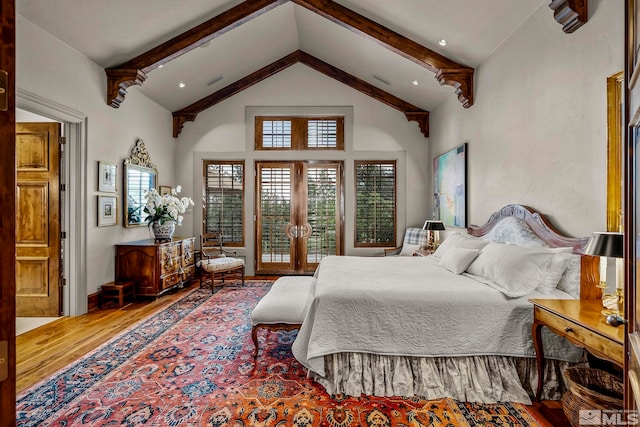 6025 Lake Geneva, Reno, NV 89511 - bedroom with hardwood / wood-style flooring, french doors, high vaulted ceiling, beamed ceiling, and access to exterior