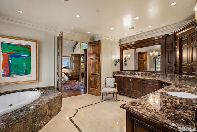 6025 Lake Geneva, Reno, NV 89511 - full bath with double vanity, a whirlpool tub, a chandelier, ornamental molding, and recessed lighting