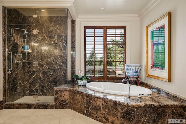 6025 Lake Geneva, Reno, NV 89511 - bathroom featuring a marble finish shower, a bath, and ornamental molding