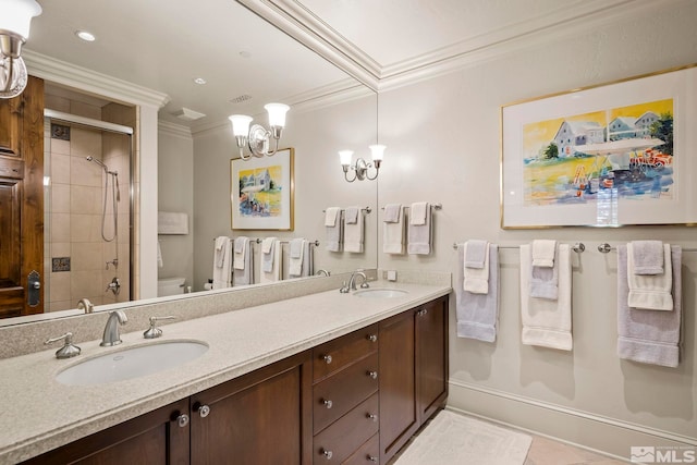 6025 Lake Geneva, Reno, NV 89511 - full bathroom featuring crown molding, toilet, a stall shower, double vanity, and a chandelier