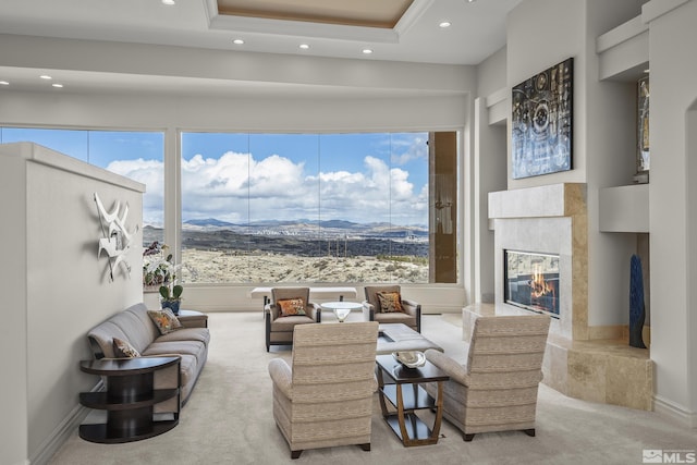 3605 Silver Vista Dr, Reno, NV 89511 - living area with recessed lighting, healthy amount of natural light, carpet floors, a high end fireplace, and a towering ceiling