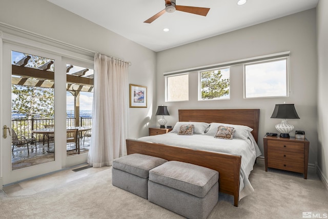 3605 Silver Vista Dr, Reno, NV 89511 - bedroom featuring light carpet, access to exterior, multiple windows, and recessed lighting