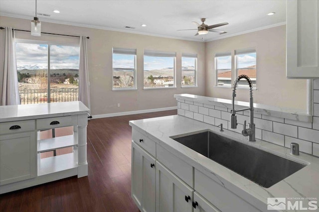 6141 Solstice Dr, Sparks, NV 89436 - kitchen with a sink, a ceiling fan, dark wood-style floors, ornamental molding, and light stone counters