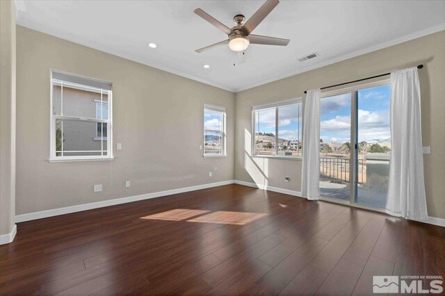 6141 Solstice Dr, Sparks, NV 89436 - unfurnished room with ornamental molding, a ceiling fan, wood finished floors, baseboards, and recessed lighting