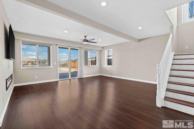6141 Solstice Dr, Sparks, NV 89436 - unfurnished living room with baseboards, wood finished floors, ceiling fan, stairs, and recessed lighting