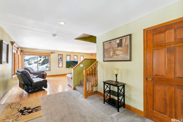 626 Canyon Dr, Zephyr Cove, NV 89448 - living room featuring stairs, baseboards, recessed lighting, and light wood finished floors