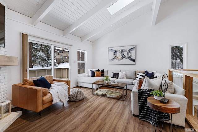 321 Ski Way Unit 29, Incline Village, NV 89451 - living room with wood finished floors, beam ceiling, a skylight, high vaulted ceiling, and wooden ceiling