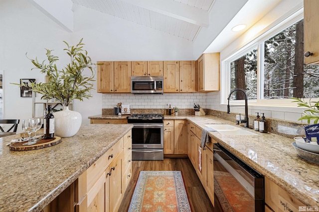 321 Ski Way Unit 29, Incline Village, NV 89451 - kitchen featuring stainless steel appliances, a sink, dark wood-style flooring, tasteful backsplash, and wood ceiling