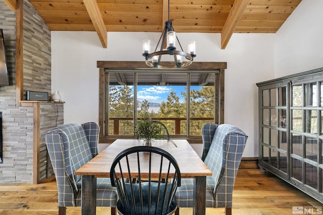520 Laurel Ln, Stateline, NV 89449 - dining space with wood ceiling, a chandelier, and wood-type flooring