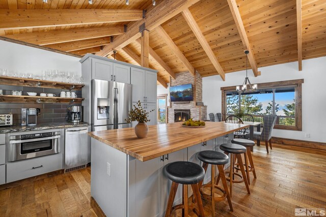 520 Laurel Ln, Stateline, NV 89449 - kitchen with stainless steel appliances, wood counters, wood-type flooring, wood ceiling, and backsplash