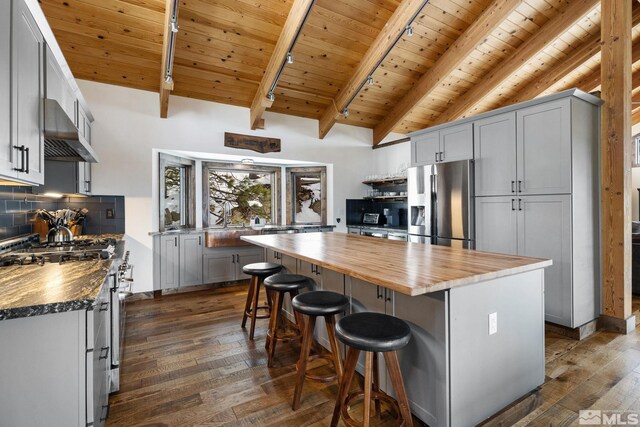 520 Laurel Ln, Stateline, NV 89449 - kitchen with butcher block counters, stainless steel appliances, exhaust hood, wood ceiling, and dark wood-style flooring