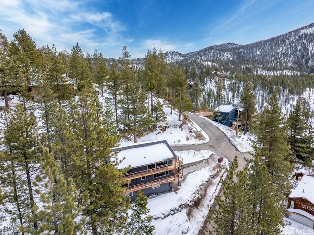 520 Laurel Ln, Stateline, NV 89449 - snowy aerial view with a mountain view and a view of trees