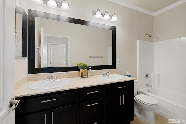 2183 Kingston Canyon Dr, Sparks, NV 89441 - full bath with ornamental molding, double vanity, toilet, tub / shower combination, and tile patterned floors