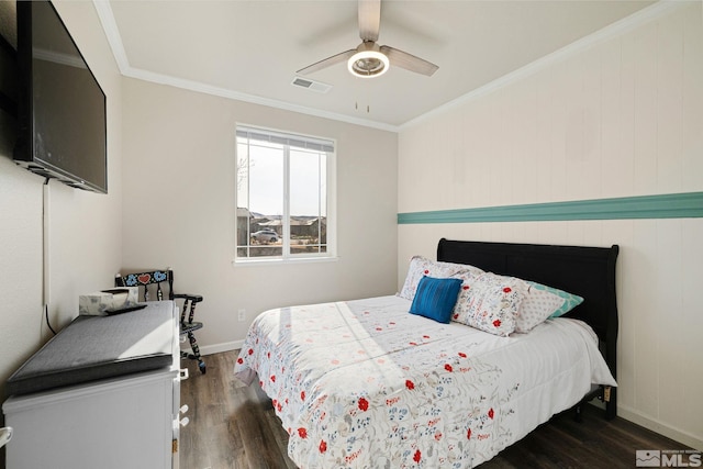 2183 Kingston Canyon Dr, Sparks, NV 89441 - bedroom with dark wood-type flooring, ornamental molding, a ceiling fan, and baseboards