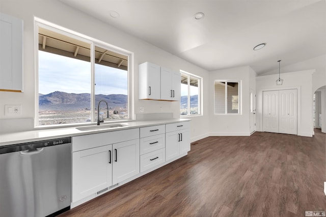 14485 N Red Rock Rd, Reno, NV 89508 - kitchen featuring dishwasher, a sink, light countertops, white cabinets, and dark wood-style flooring