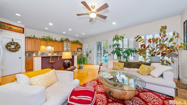 4940 Turning Leaf Way, Reno, NV 89519 - living room with a ceiling fan, light wood-style floors, and recessed lighting