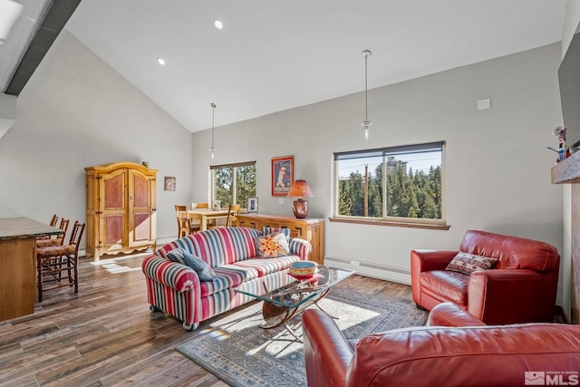396 Tramway Dr # 3, Stateline, NV 89449 - living room with a baseboard heating unit, high vaulted ceiling, wood finished floors, recessed lighting, and baseboards