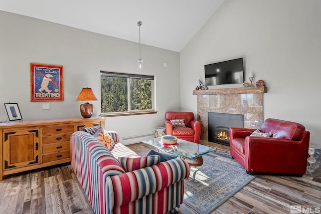 396 Tramway Dr # 3, Stateline, NV 89449 - living room with a fireplace, wood finished floors, baseboard heating, and high vaulted ceiling