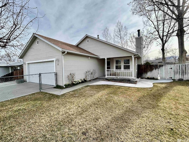 ranch-style home with an attached garage, a chimney, covered porch, a gate, and driveway