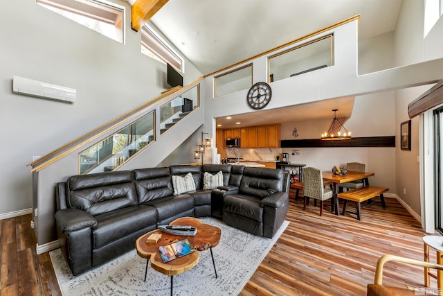400 Fairview Blvd Unit 217, Incline Village, NV 89451 - living room featuring a chandelier, high vaulted ceiling, wood finished floors, stairs, and baseboards