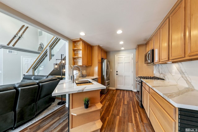 400 Fairview Blvd Unit 217, Incline Village, NV 89451 - kitchen featuring open shelves, a sink, appliances with stainless steel finishes, dark wood finished floors, and recessed lighting