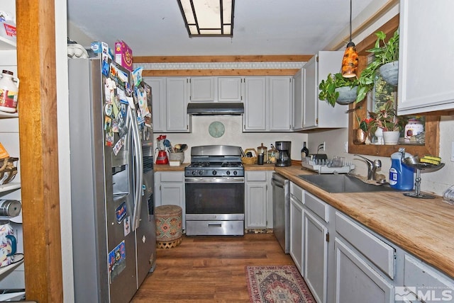 60 Lava Cap, Markleeville, CA 96120 - kitchen featuring appliances with stainless steel finishes, a sink, under cabinet range hood, dark wood-type flooring, and wood counters