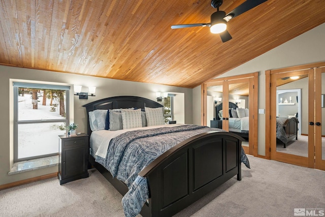 1005 Marlene St, Incline Village, NV 89451 - bedroom with light colored carpet, french doors, wood ceiling, lofted ceiling, and a ceiling fan