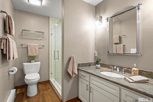 1005 Marlene St, Incline Village, NV 89451 - bathroom with toilet, wood finished floors, a shower stall, vanity, and a baseboard heating unit