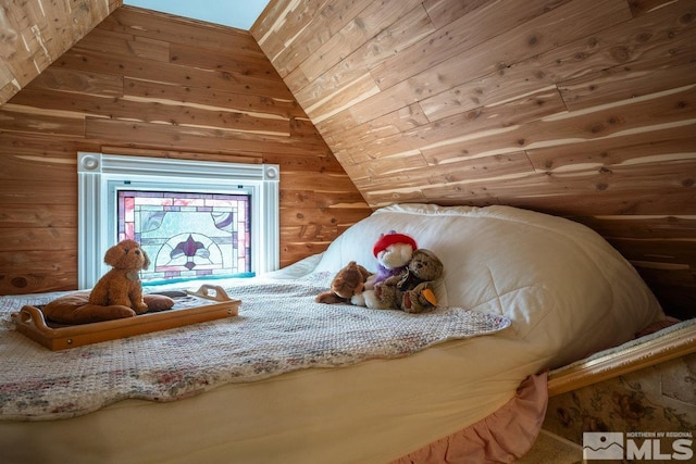 182 Mill St, Genoa, NV 89411 - bedroom with vaulted ceiling, wooden walls, and wood ceiling