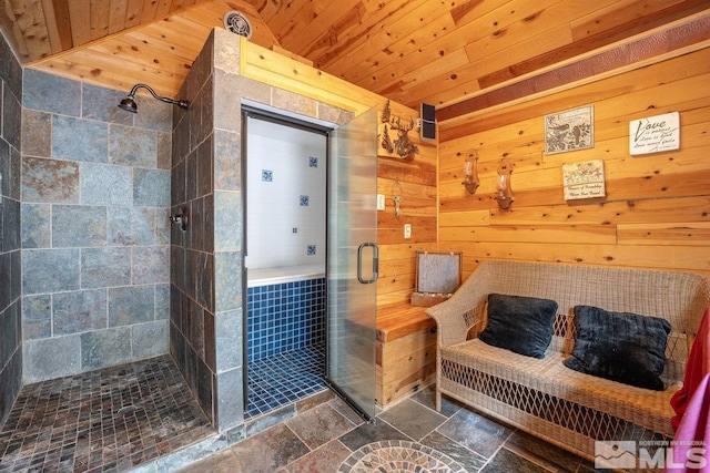 182 Mill St, Genoa, NV 89411 - full bath featuring a shower stall, wooden ceiling, stone finish floors, and wood walls