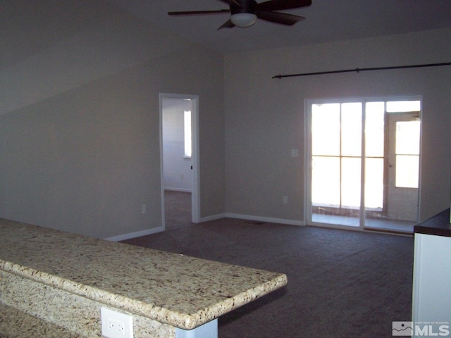 742 Megan Way, Fallon, NV 89406 - kitchen with a ceiling fan, lofted ceiling, carpet, and baseboards
