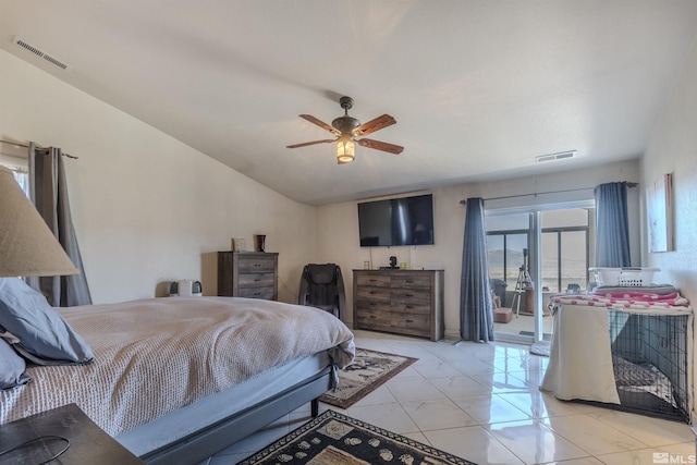 1875 View Ct, Fernley, NV 89408 - bedroom with light marble finish flooring, access to outside, a ceiling fan, and lofted ceiling