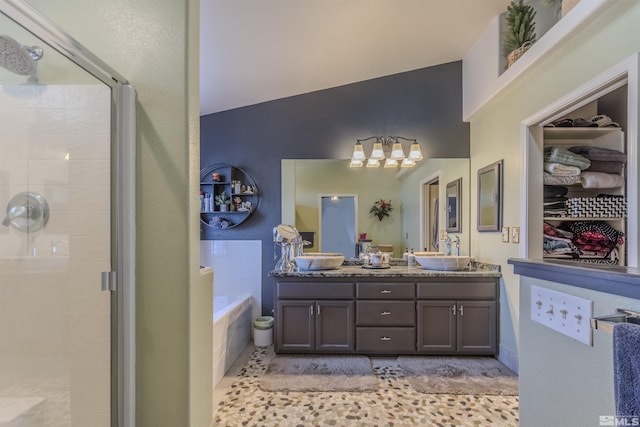 1875 View Ct, Fernley, NV 89408 - full bath with a shower stall, double vanity, a bath, and a chandelier